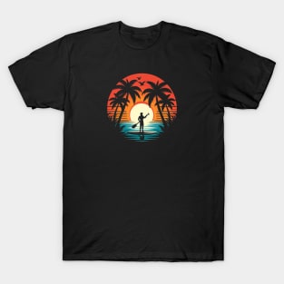 Paddle Boarder Palm Tree Sunset T-Shirt